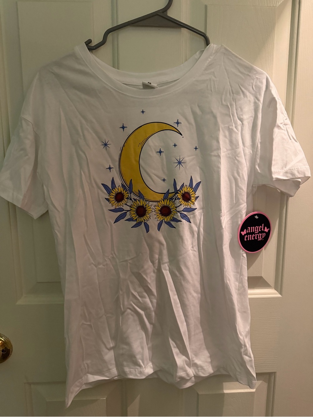 White Tee with Yellow Moon & Sunflower Graphic